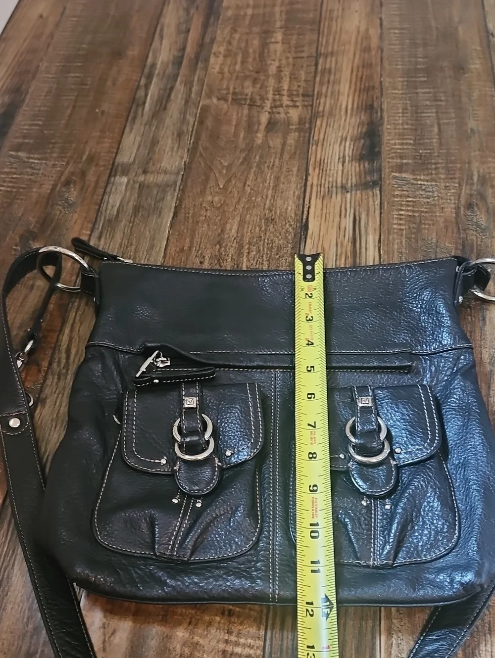 Stone Mountain Black Pebbled Leather Hobo Crossbody Bag with Dual Front‎ Pockets